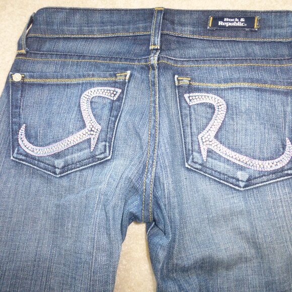 ROCK & REPUBLIC Roth medium wash flare jeans w/ purple pink sparkly rhinestones - Picture 4 of 9